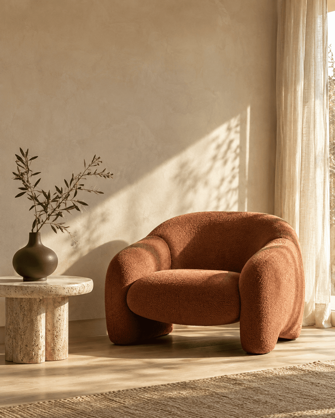 Intérieur fictif avec un fauteuil terracotta et des objets de décoration